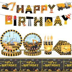 Construction Vehicle Party Set - 16pcs Plates Cups Napkins Flag