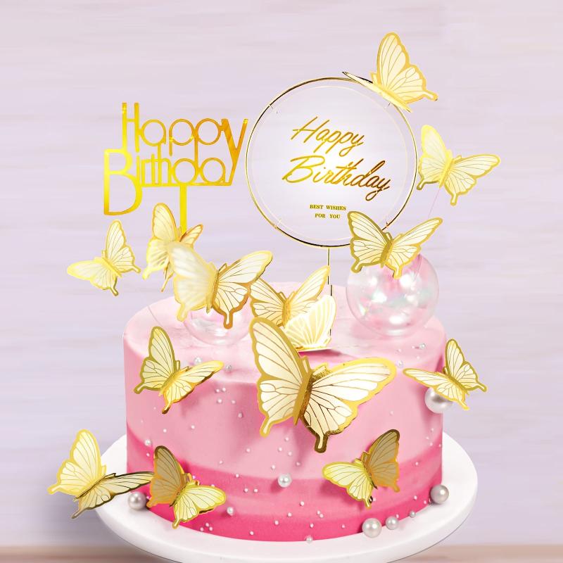 22pcs Golden Edge 3D Butterfly Cupcake Topper Girls Women's Birthday Cake Decor
