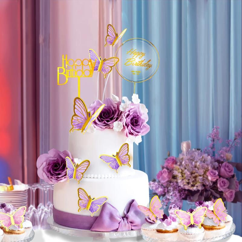 22pcs Golden Edge 3D Butterfly Cupcake Topper Girls Women's Birthday Cake Decor