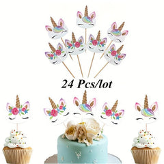 24pcs Unicorn Cake Flags Cupcake Topper Cake Decor Supplies