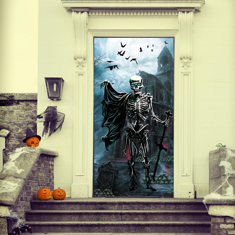 Halloween Door Cover Large Fabric Skeleton Door Decoration