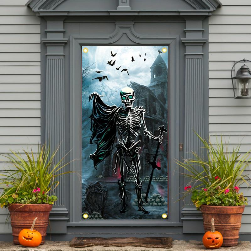 Halloween Door Cover Large Fabric Skeleton Door Decoration
