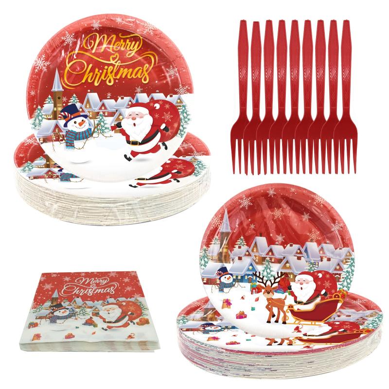 120pcs Christmas Party Tableware Paper Plates Forks Tissues Party Supplies