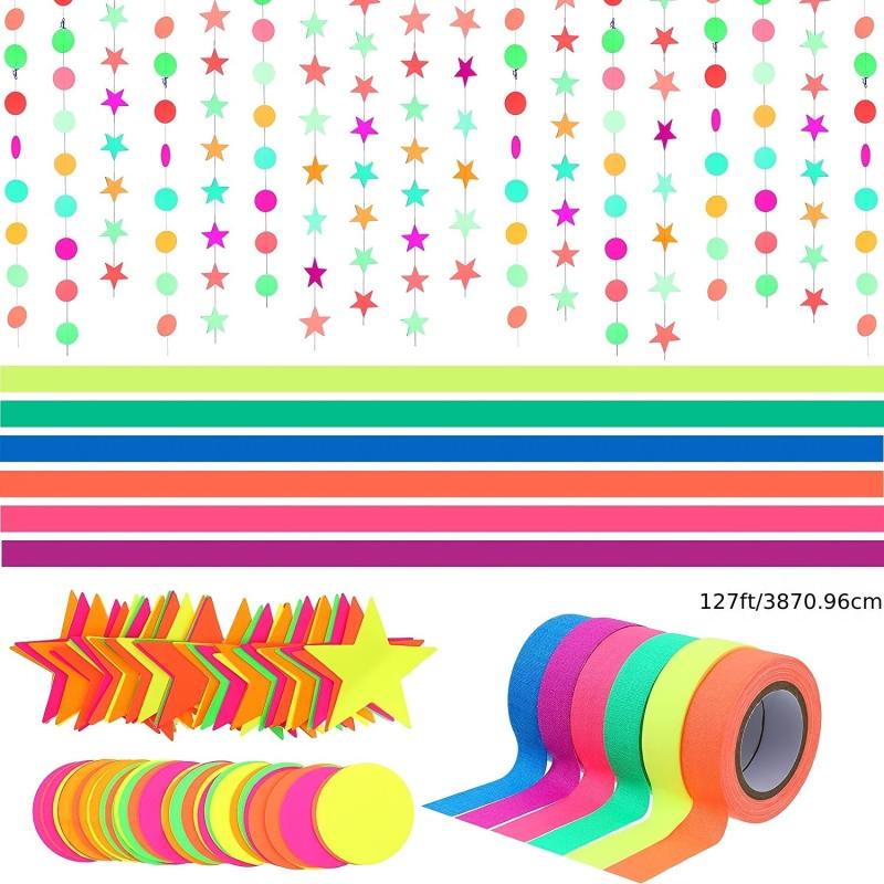Neon Party Supplies Set 6 Colors UV Reactive Tape Garland, Birthday Wedding