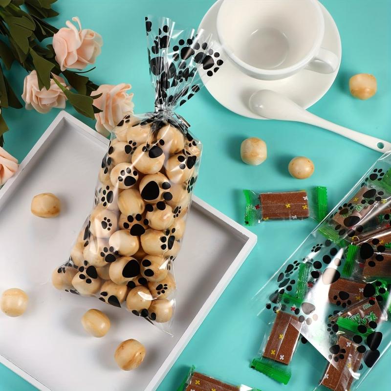 100pcs Paw Print Treat Bags with Twist Ties