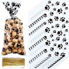 100pcs Paw Print Treat Bags with Twist Ties