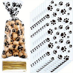 100pcs Paw Print Treat Bags with Twist Ties