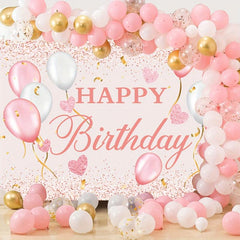Happy Birthday Backdrop Pink and Rose Golden Party Decorations 5x3ft Banner