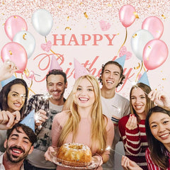 Happy Birthday Backdrop Pink and Rose Golden Party Decorations 5x3ft Banner