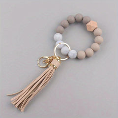 1pc Silicone Keychain Bracelet Beaded Wristlet Keyring Faux Leather Tassels