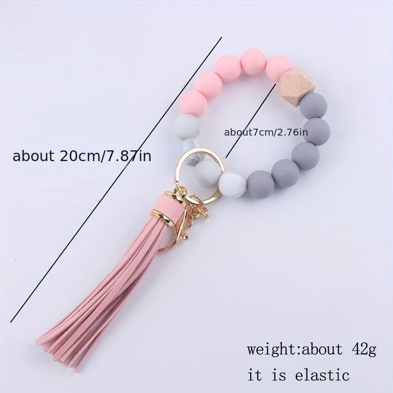 1pc Silicone Keychain Bracelet Beaded Wristlet Keyring Faux Leather Tassels