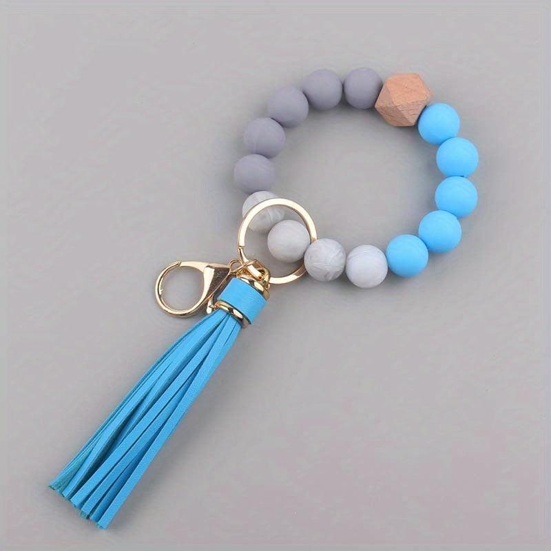 1pc Silicone Keychain Bracelet Beaded Wristlet Keyring Faux Leather Tassels