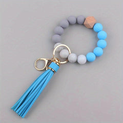 1pc Silicone Keychain Bracelet Beaded Wristlet Keyring Faux Leather Tassels