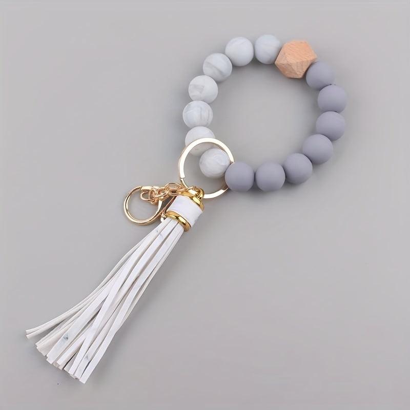 1pc Silicone Keychain Bracelet Beaded Wristlet Keyring Faux Leather Tassels