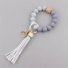 1pc Silicone Keychain Bracelet Beaded Wristlet Keyring Faux Leather Tassels