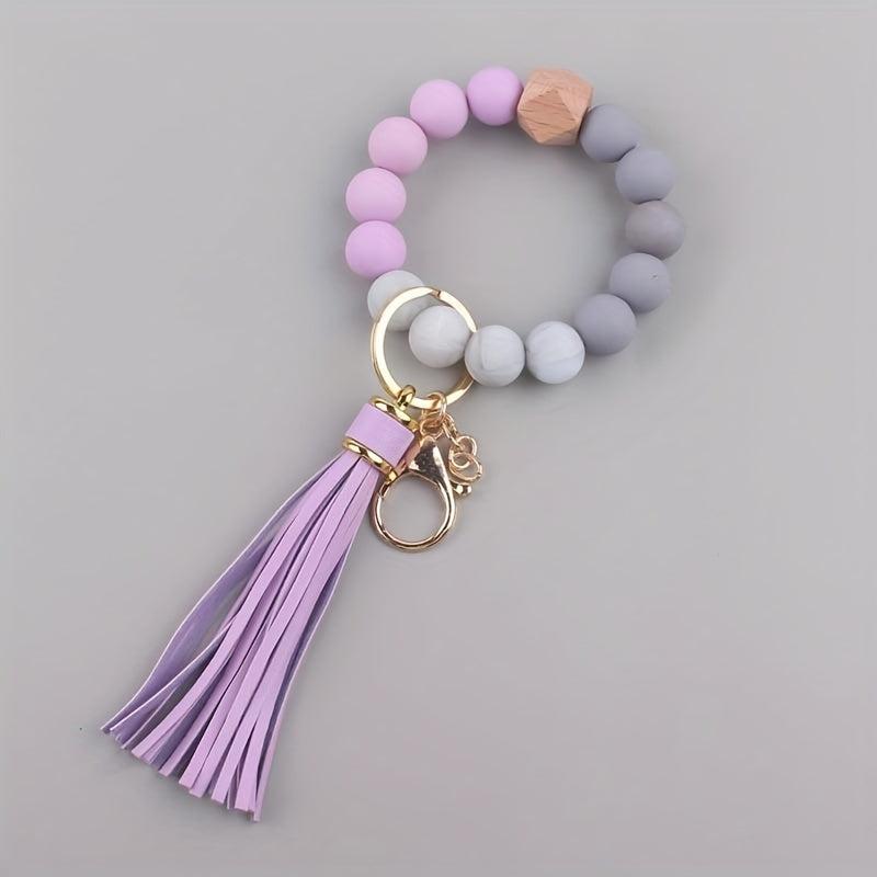 1pc Silicone Keychain Bracelet Beaded Wristlet Keyring Faux Leather Tassels