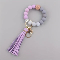 1pc Silicone Keychain Bracelet Beaded Wristlet Keyring Faux Leather Tassels