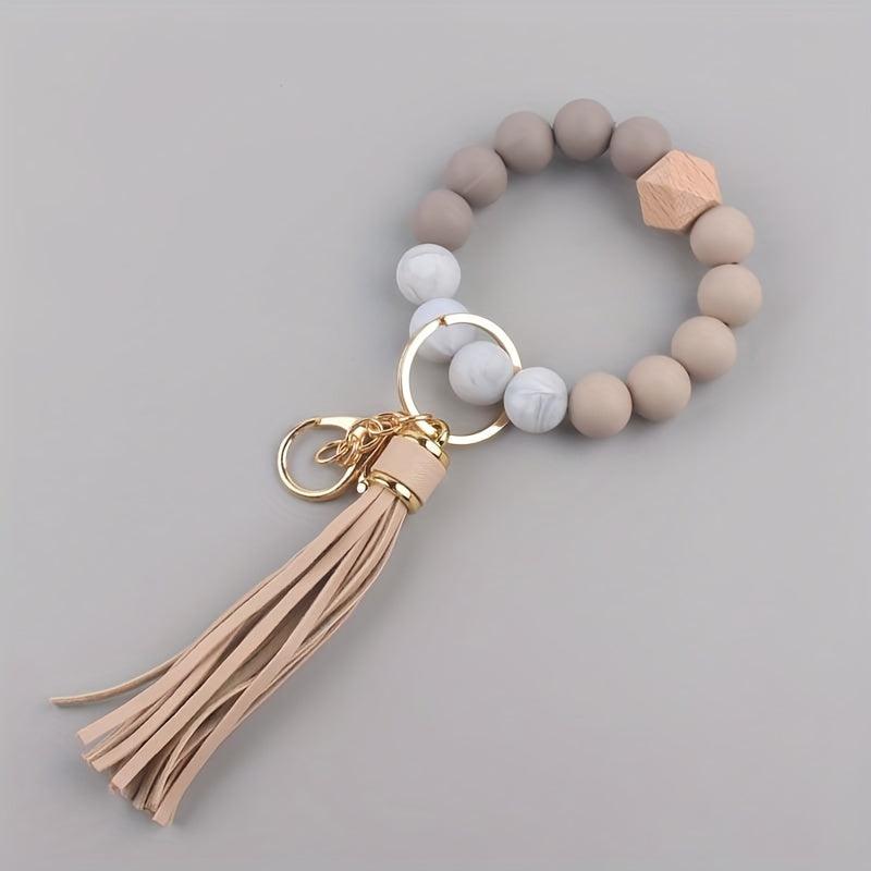 1pc Silicone Keychain Bracelet Beaded Wristlet Keyring Faux Leather Tassels
