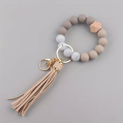 1pc Silicone Keychain Bracelet Beaded Wristlet Keyring Faux Leather Tassels