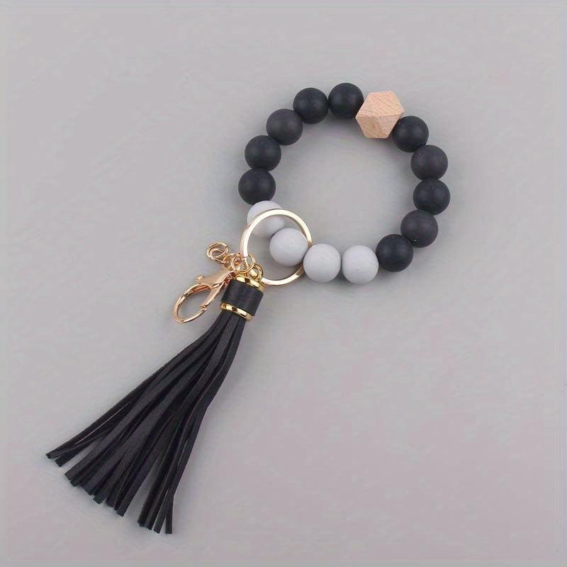 1pc Silicone Keychain Bracelet Beaded Wristlet Keyring Faux Leather Tassels