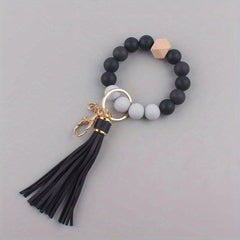 1pc Silicone Keychain Bracelet Beaded Wristlet Keyring Faux Leather Tassels
