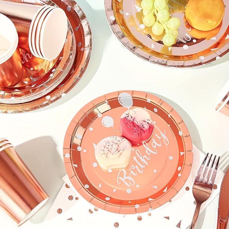 20pcs Happy Birthday Dinnerware Rose Golden Foil Polka Dots Balloon Paper Plates