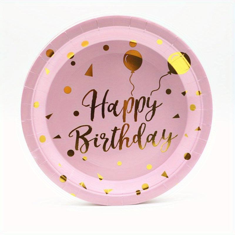 20pcs Happy Birthday Dinnerware Rose Golden Foil Polka Dots Balloon Paper Plates