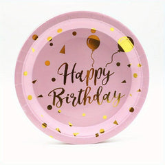 20pcs Happy Birthday Dinnerware Rose Golden Foil Polka Dots Balloon Paper Plates
