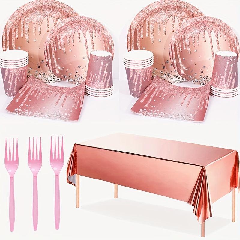 Pink Rose Golden Party Set - 20 Plates & 20 Cups