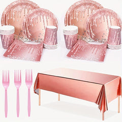 Pink Rose Golden Party Set - 20 Plates & 20 Cups