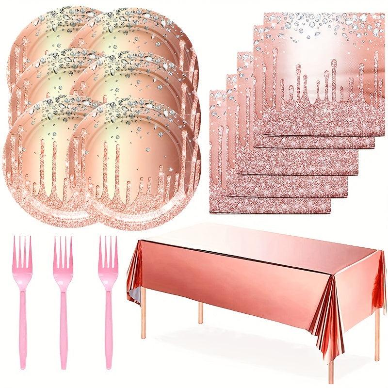 Pink Rose Golden Party Set - 20 Plates & 20 Cups