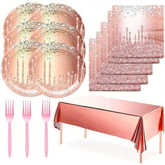 Pink Rose Golden Party Set - 20 Plates & 20 Cups