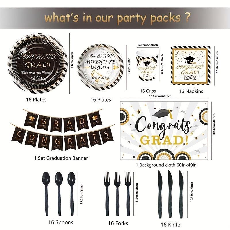 16pcs Graduation Party Decorations Kit - Dishes, Cups, Napkins, Tablecloth, Stra