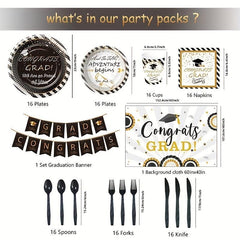 16pcs Graduation Party Decorations Kit - Dishes, Cups, Napkins, Tablecloth, Stra
