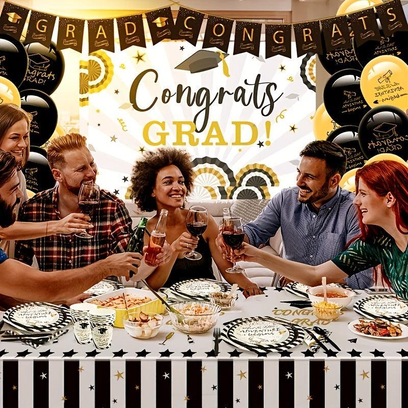 16pcs Graduation Party Decorations Kit - Dishes, Cups, Napkins, Tablecloth, Stra