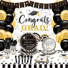 16pcs Graduation Party Decorations Kit - Dishes, Cups, Napkins, Tablecloth, Stra