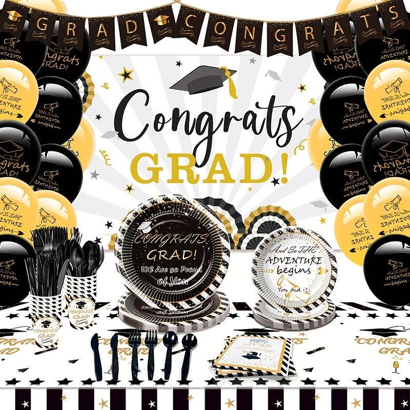 16pcs Graduation Party Decorations Kit - Dishes, Cups, Napkins, Tablecloth, Stra