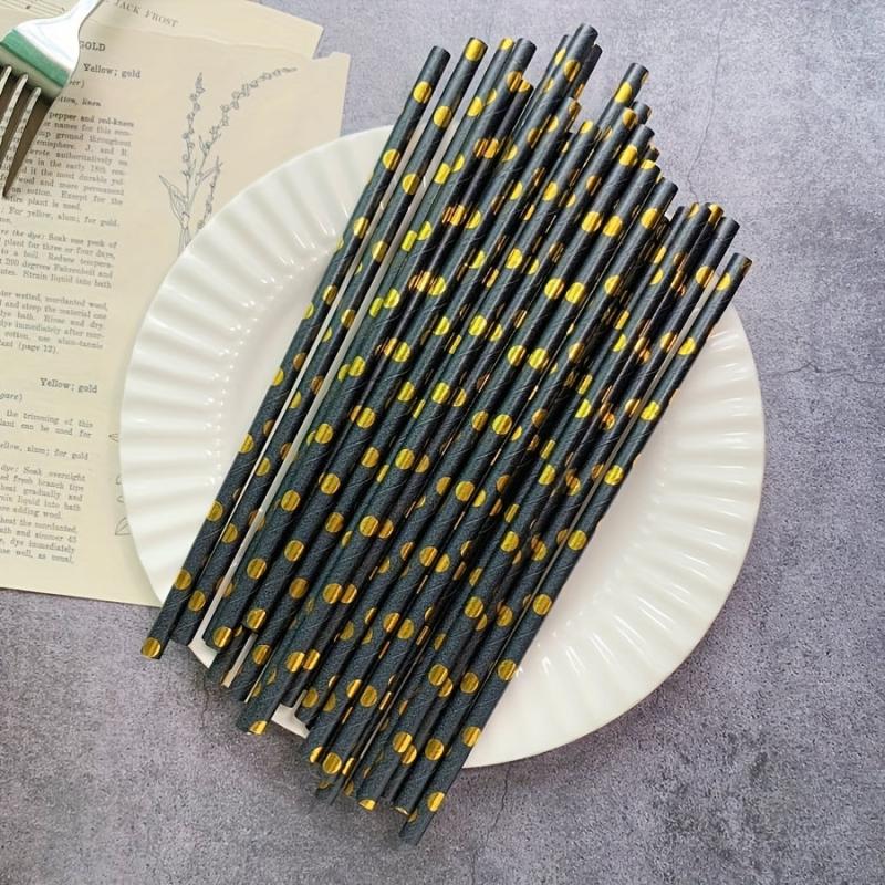 25pcs Hot Stamping Golden Dot Disposable Paper Straws for Party