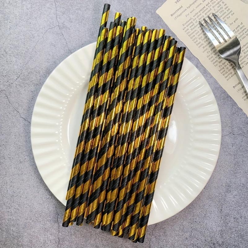 25pcs Hot Stamping Golden Stripe Paper Straws for Parties