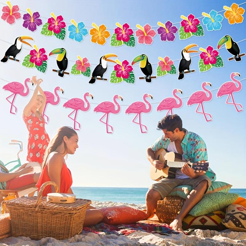 Hawaiian Decorative Flags Flamingo Flowers Seaside Party Decorations
