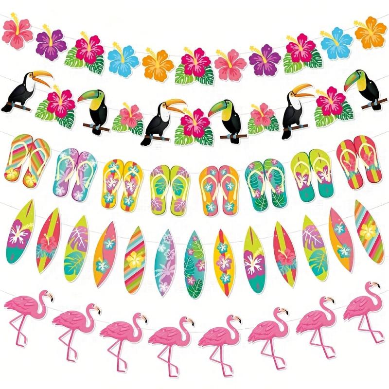 Hawaiian Decorative Flags Flamingo Flowers Seaside Party Decorations