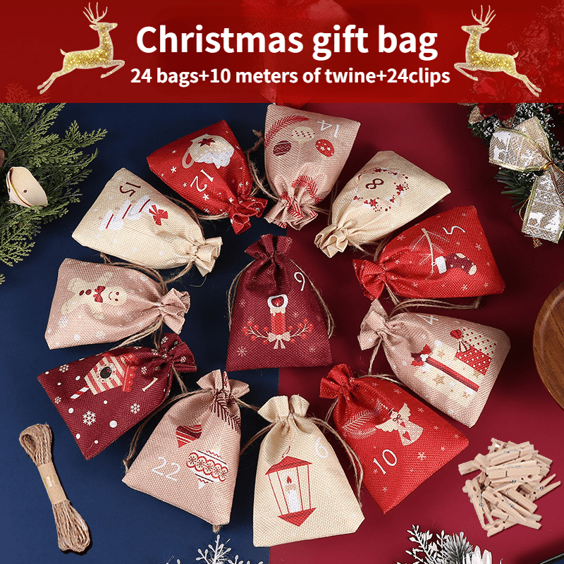 Advent Christmas Gift Bag Burlap Storage Bag for Candy Jewelry Party Favors