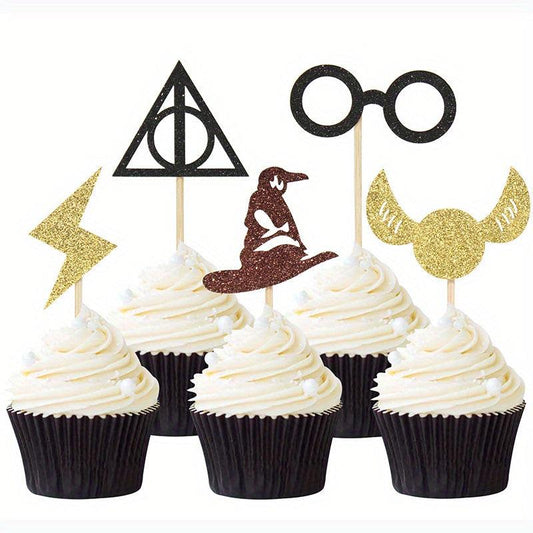 10pcs Cartoon Themed Cake Tag Glasses Cupcake Toppers Wizard Hat Decor Supplies