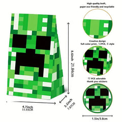 12pcs Pixel Theme Party Gift Bags, Fun Goodie Bags for Party Favors