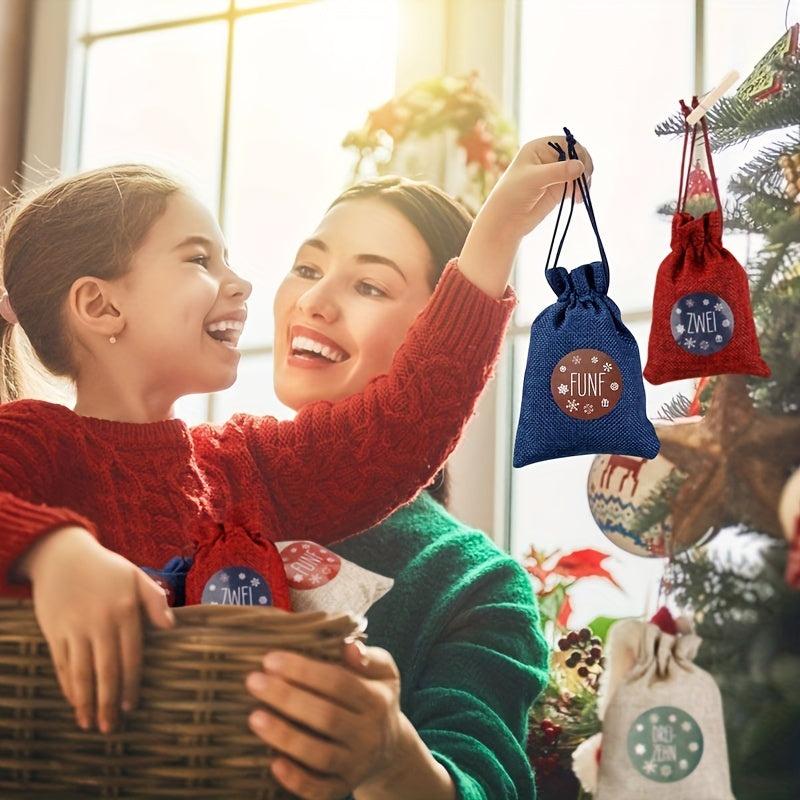 73pcs Christmas Burlap Drawstring Gift Bag Bundle Pocket Advent Calendar