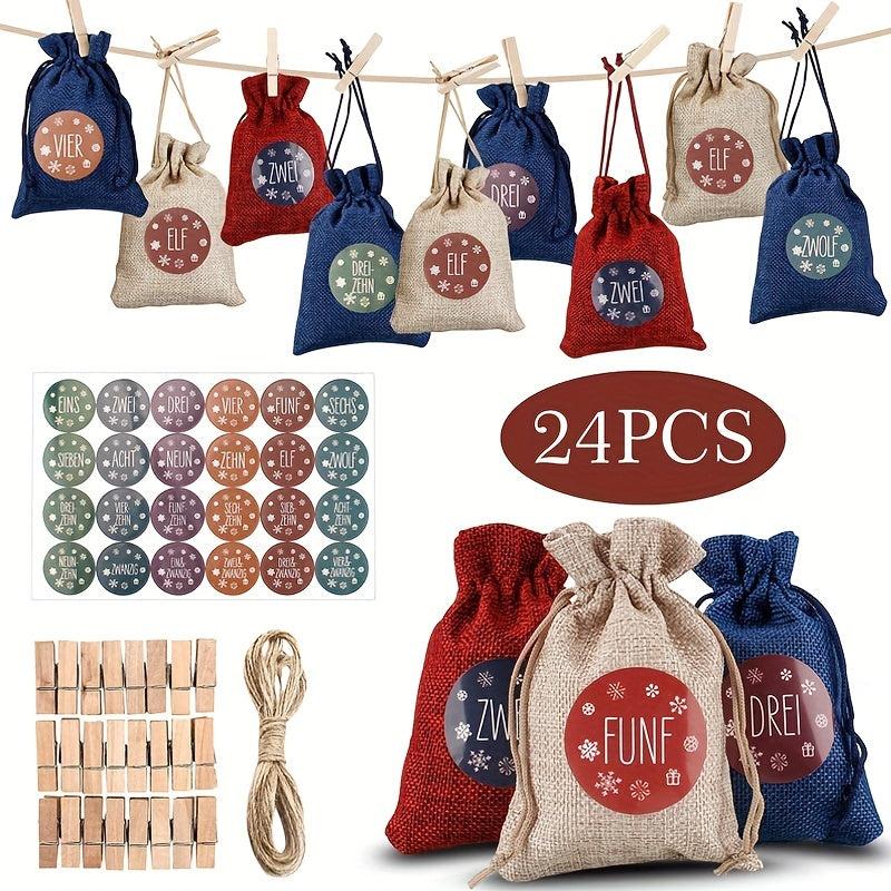 73pcs Christmas Burlap Drawstring Gift Bag Bundle Pocket Advent Calendar