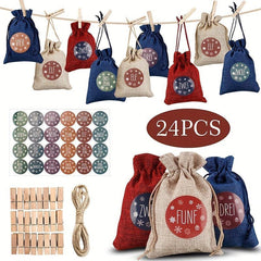73pcs Christmas Burlap Drawstring Gift Bag Bundle Pocket Advent Calendar