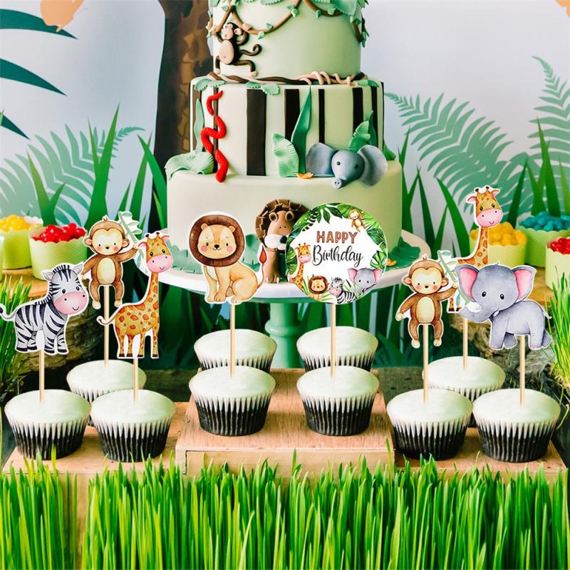 6pcs Watercolor Animal Cupcake Toppers for Wild One Jungle Safari Birthday Party