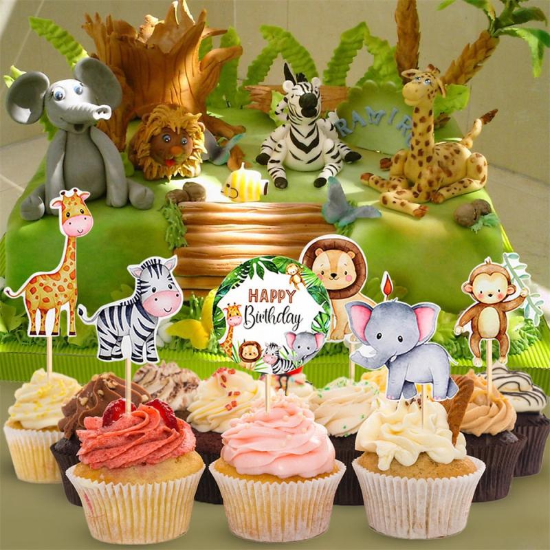 6pcs Watercolor Animal Cupcake Toppers for Wild One Jungle Safari Birthday Party