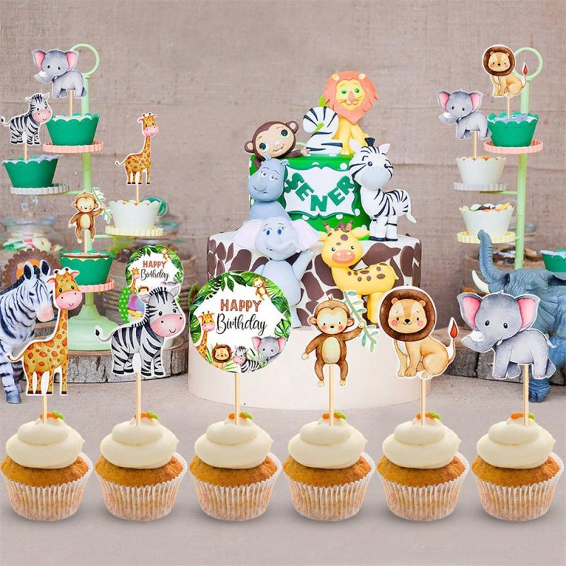 6pcs Watercolor Animal Cupcake Toppers for Wild One Jungle Safari Birthday Party